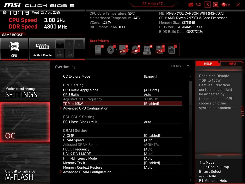 Msi Bios 9600x 9700x Tdp 105w Screenshot