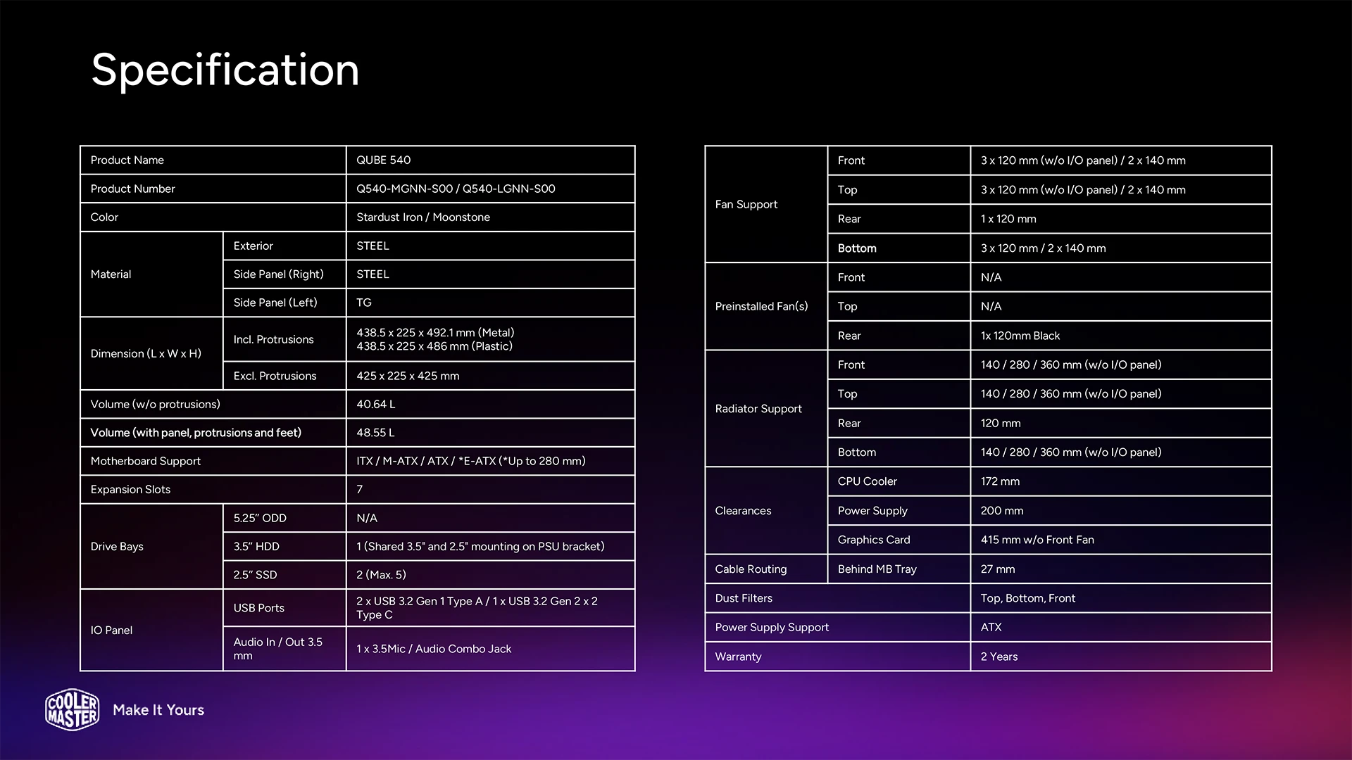 Cooler Master Qube 540 Specs
