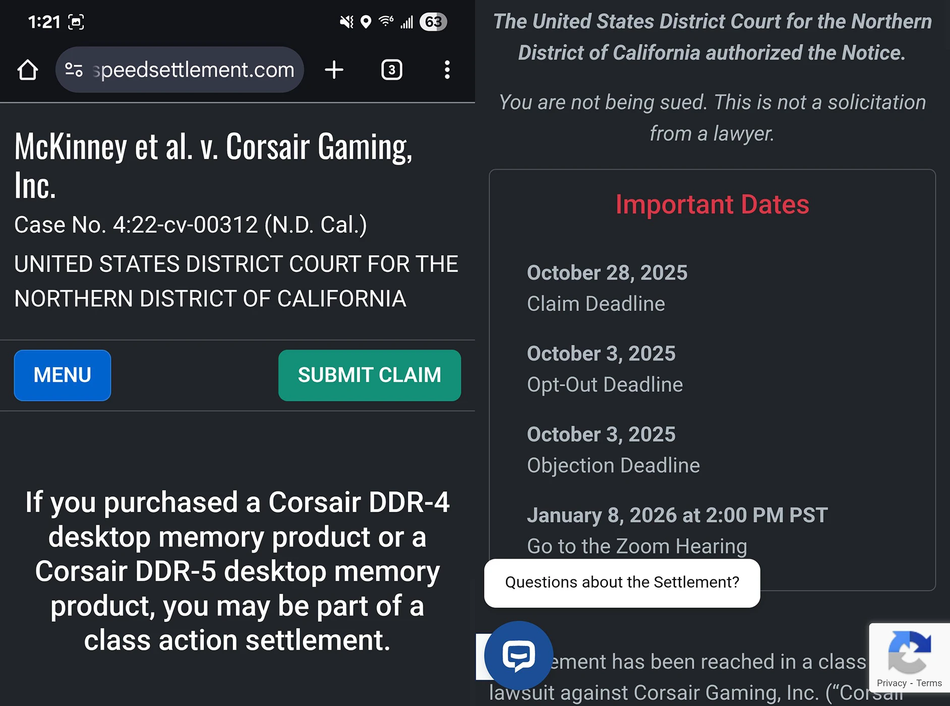 Corsair Ddr Class Action