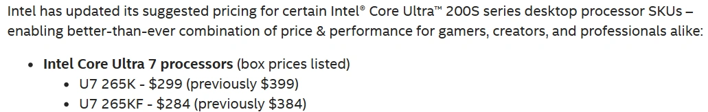 Intel Core Ultra 265k 265kf Baisse Prix