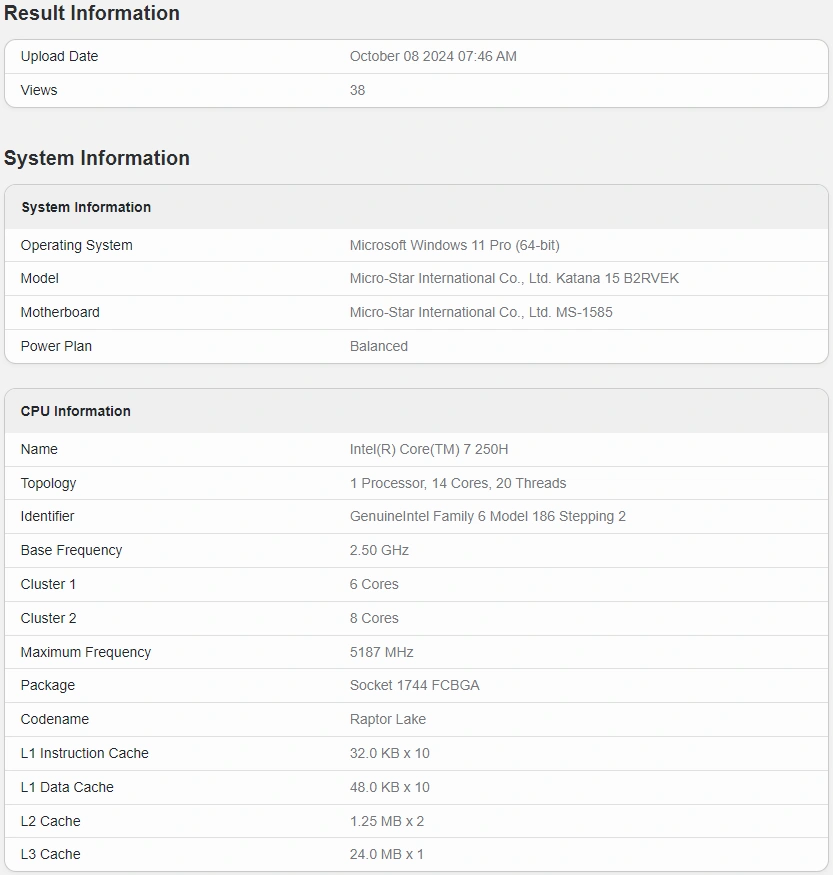 Core 7 250h Geekbench