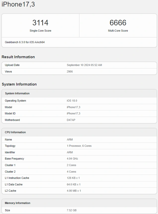 Apple A18 Geekbench6 Sep2024