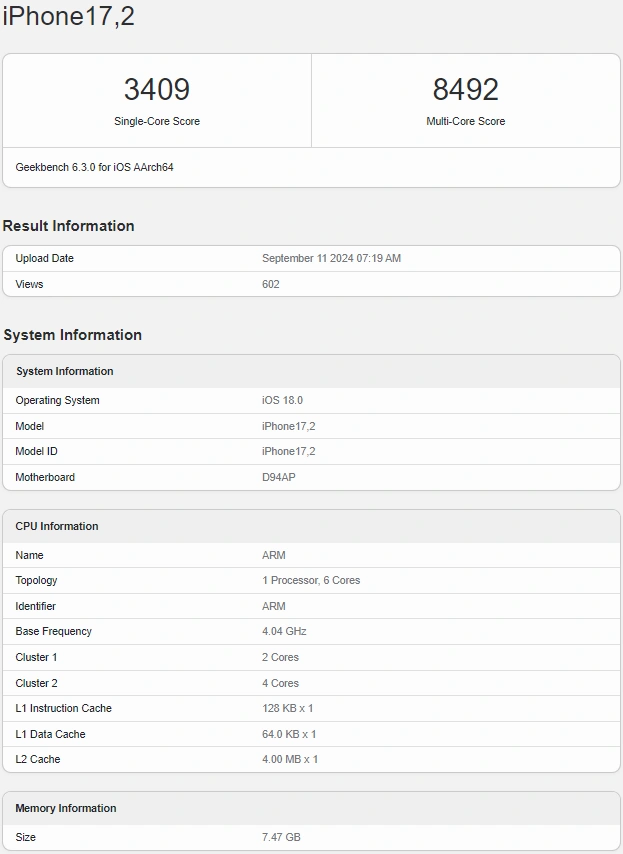 Apple A18pro Geekbench6 Sep2024