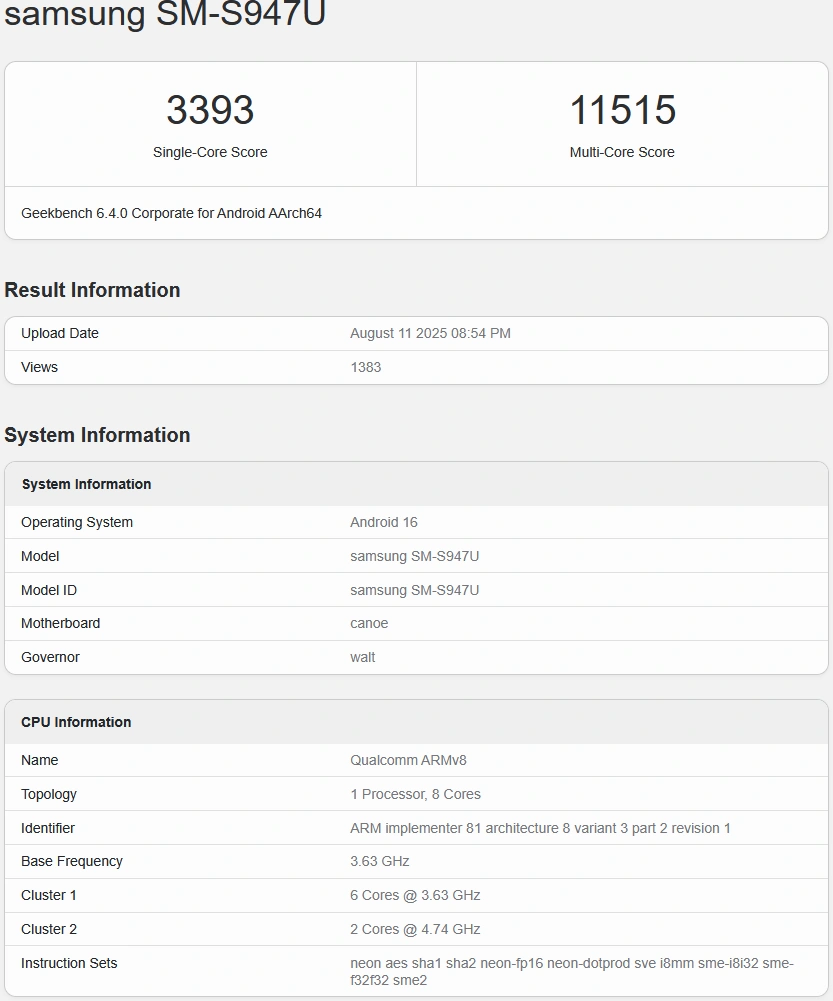 Snapdragon 8 Elite 2 Geekbench Aout 2025
