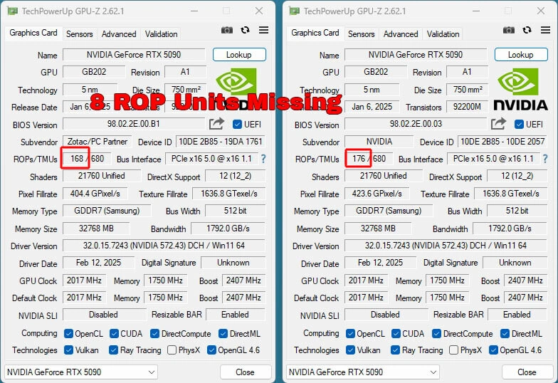 Zotac Rtx 5090 168 Rop Tpu