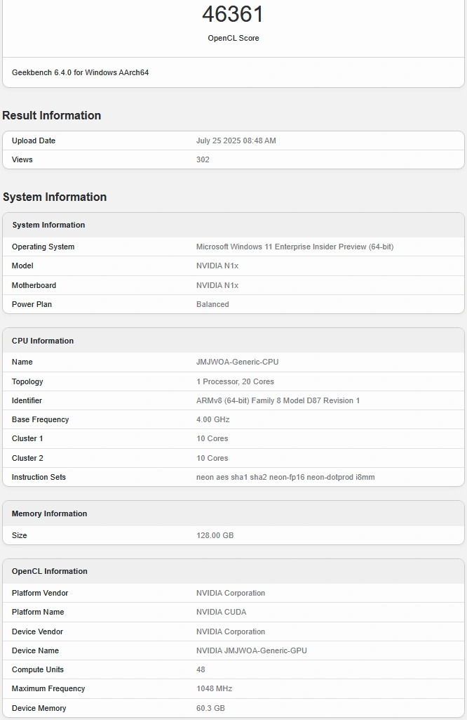 Nvidia N1x Geekbench6gpu 25 Juillet 2025