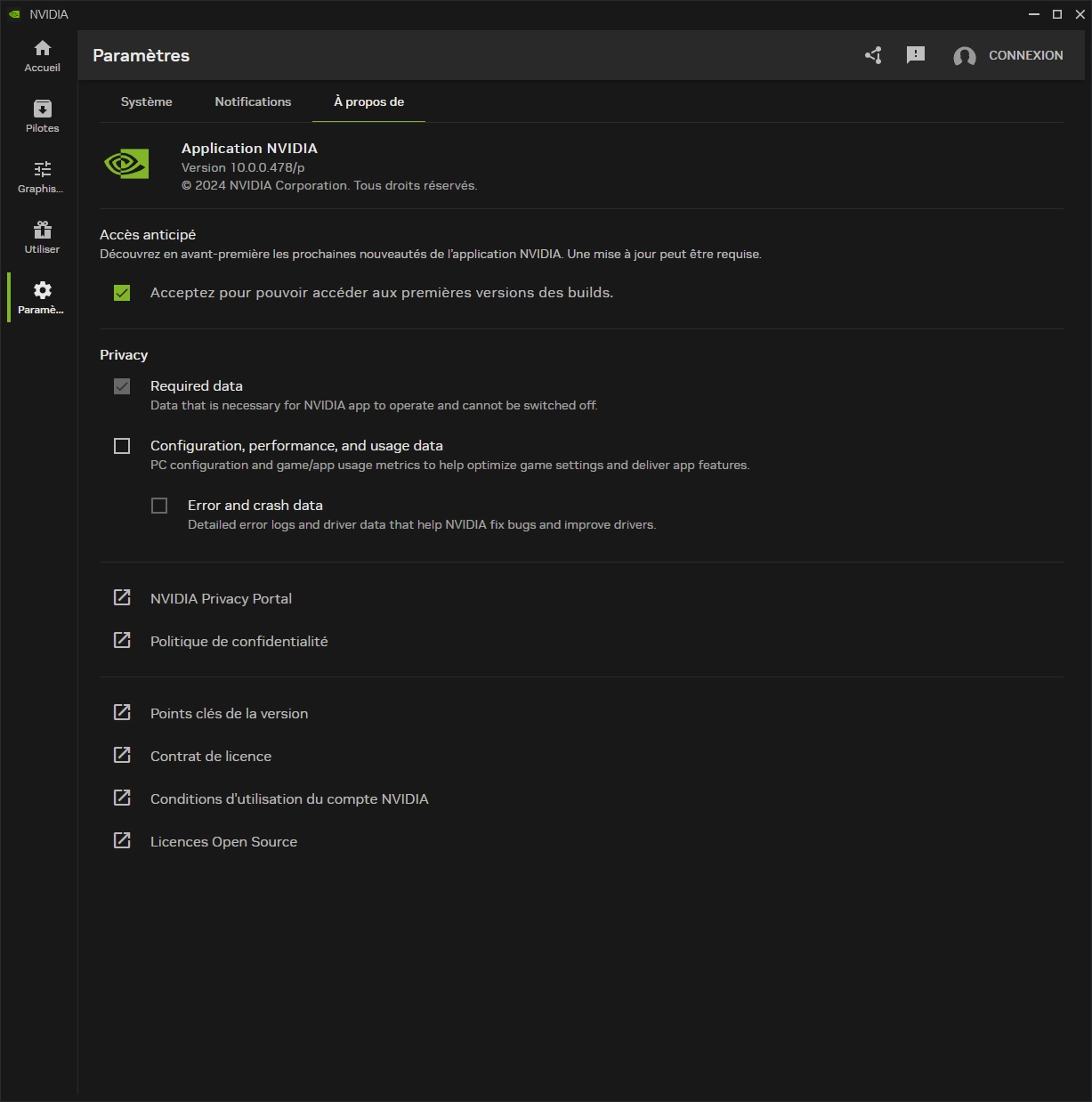 Nvidia App : paramètres (à propos))