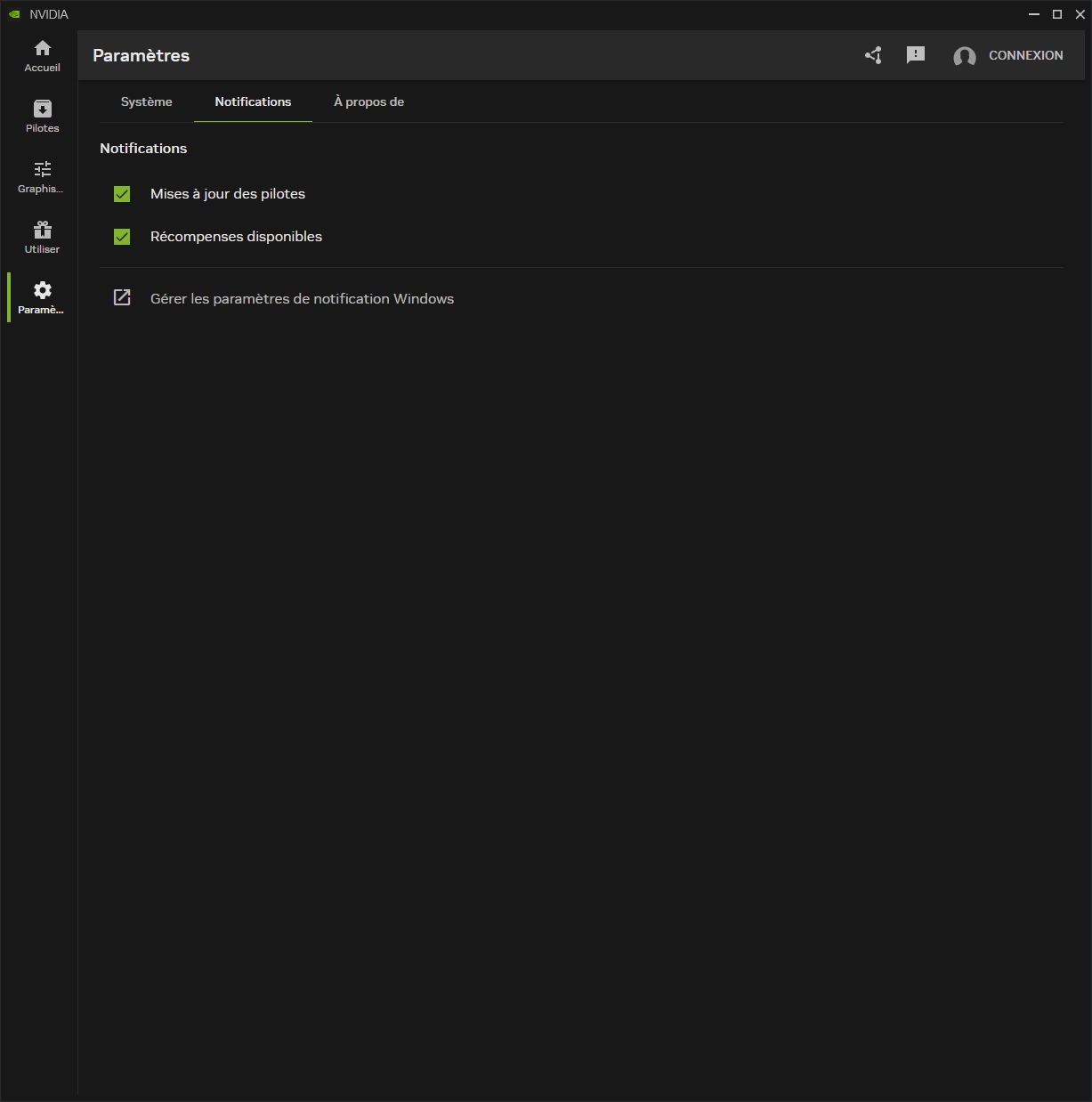 Nvidia App : paramètres (informations)
