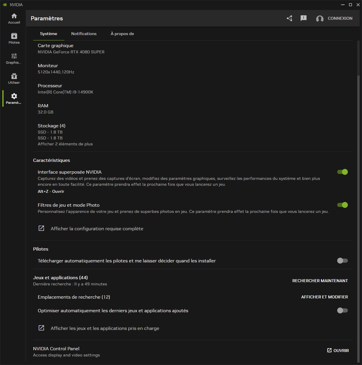 Nvidia App : paramètres système