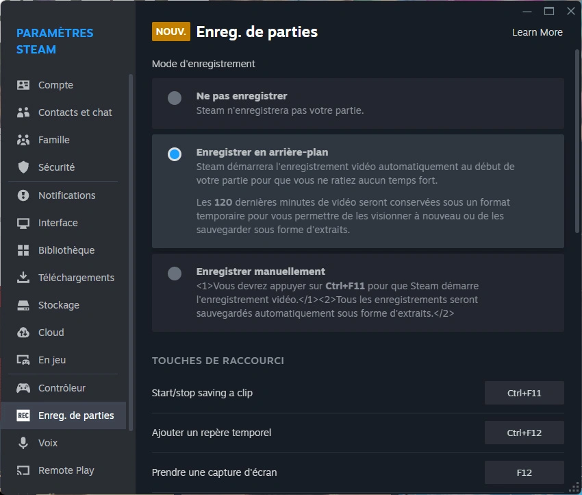 Steam Menu Enregistrement Choix Raccourcis