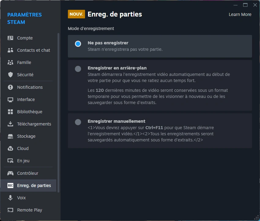 Steam Menu Enregistrement Choix