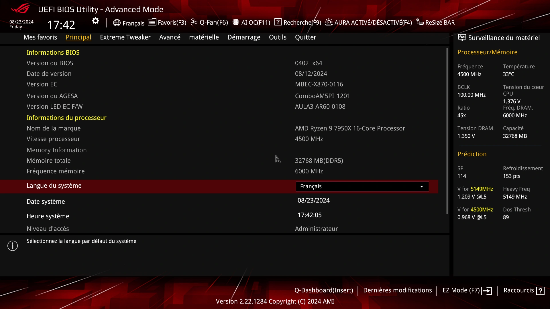 Asus ROG Crosshair X870E Hero : UEFI menu Principal