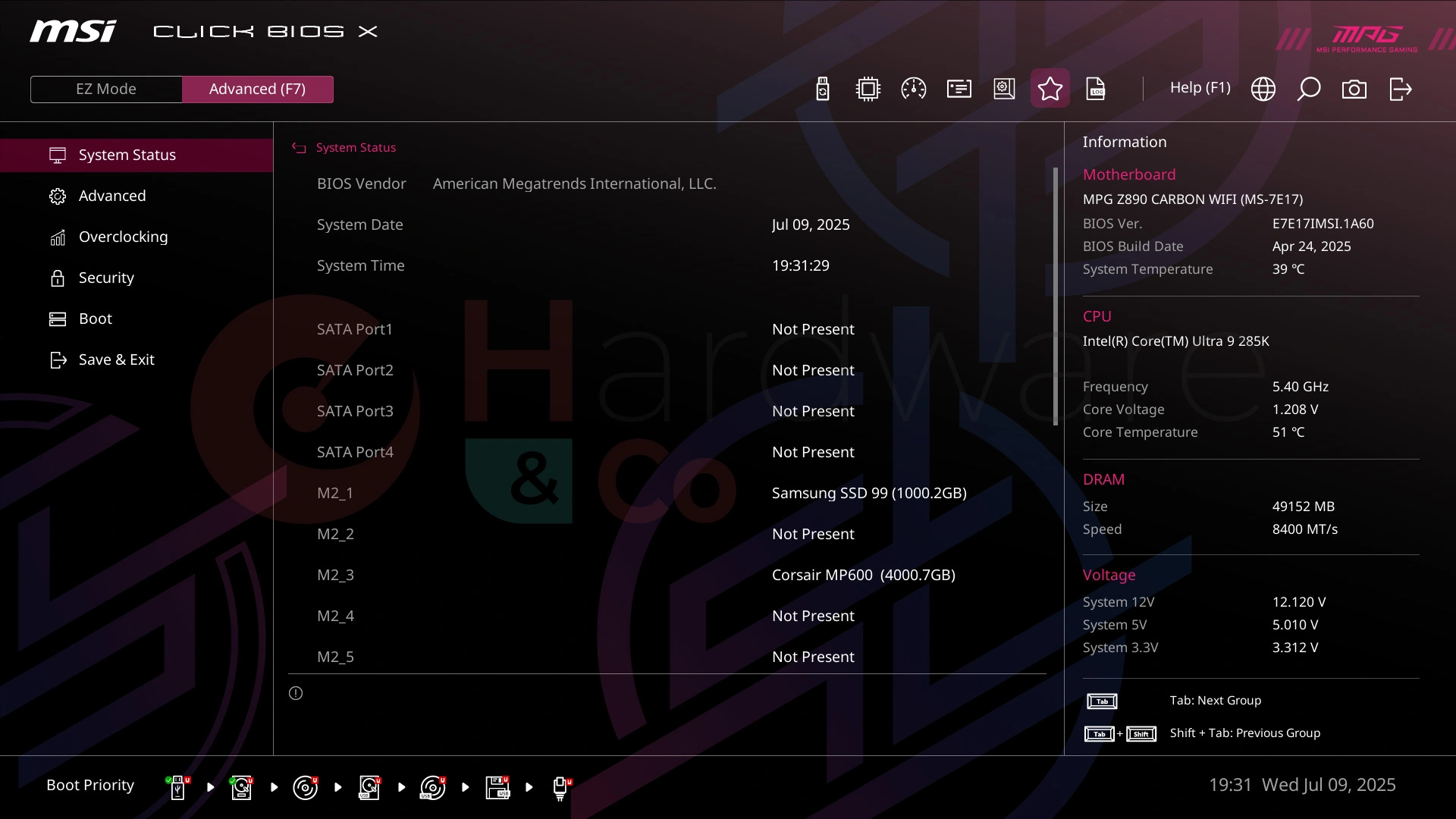 Msi Mag Z890 Carbon Wifi Bios Advanced System Status