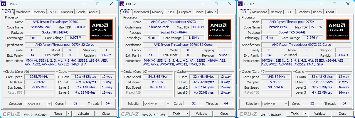 adripper 9970X : les fréquences via CPU-ZAMD Ryzen Thre