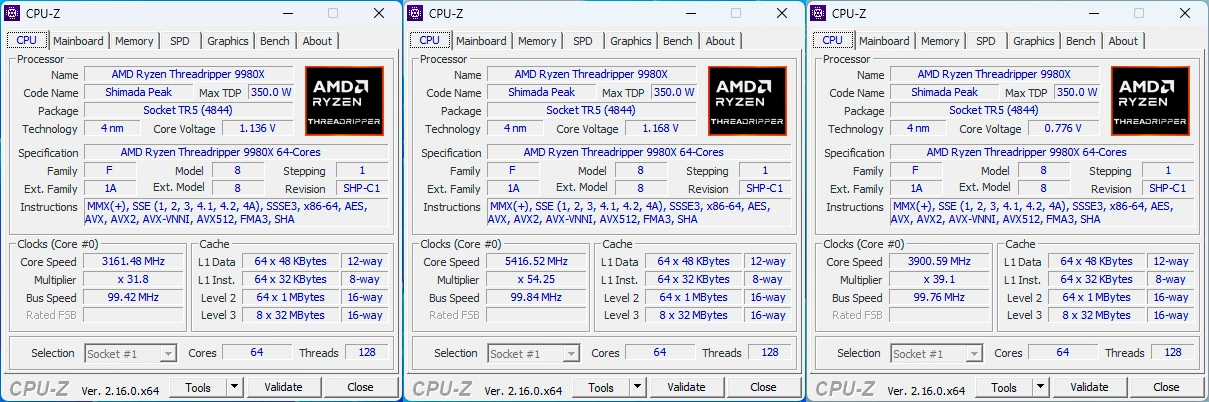 adripper 9980X : les fréquences via CPU-ZAMD Ryzen Thre