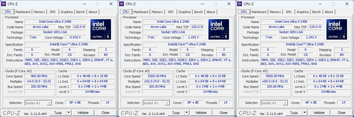 Intel Core Ultra 5 245K : les fréquences via CPU-Z