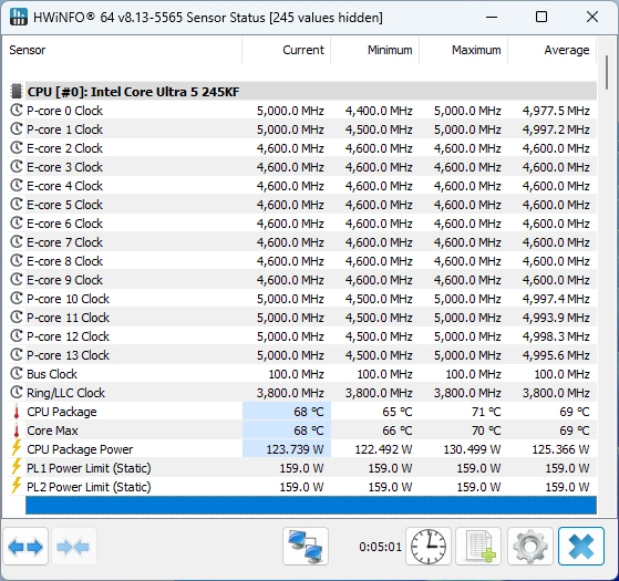 Intel Core Ultra 5 245K : les fréquences via HWiNFO64