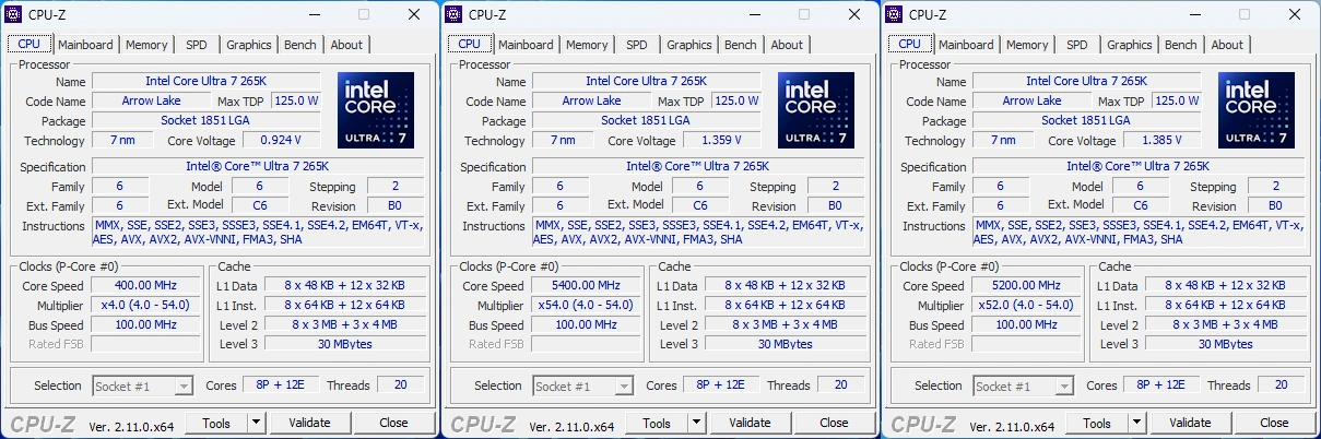 Intel Core Ultra 7 265K : les fréquences via CPU-Z