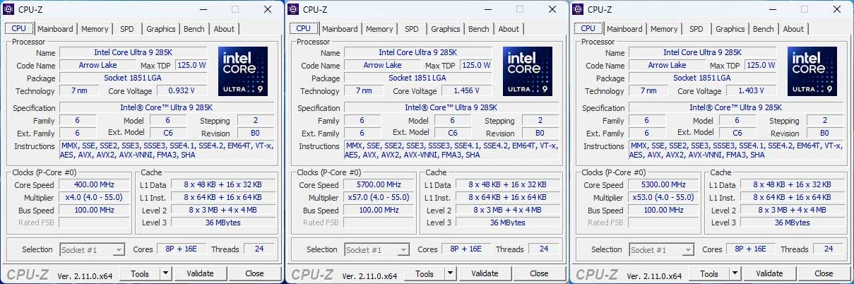 Intel Core Ultra 9 285K : les fréquences via CPU-Z