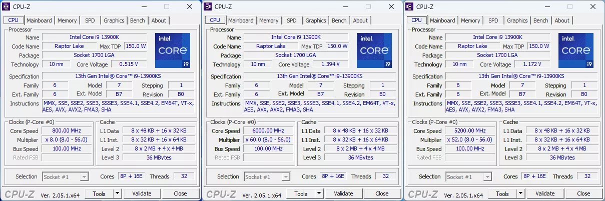 Les fréquences du Core i9-13900KS via CPU-Z