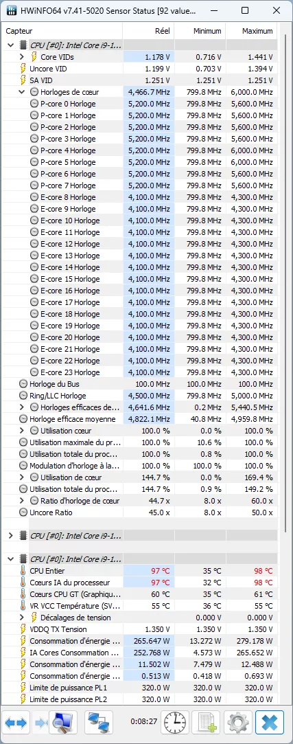 Les fréquences du Core i9-13900KS vu par HWiNFO64