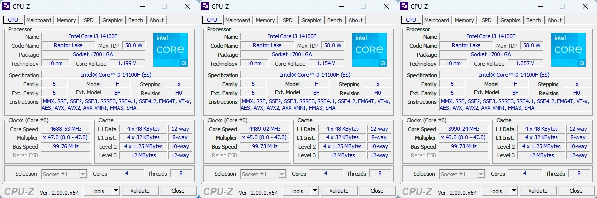 Intel Core i3-14100F : les fréquences via GPU-Z