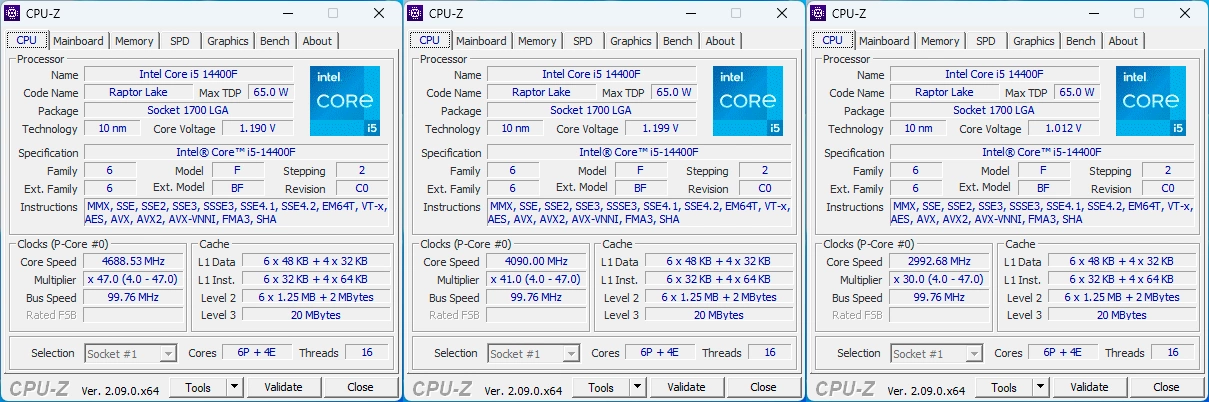 Intel Core i5-14400F : les fréquences via CPU-Z