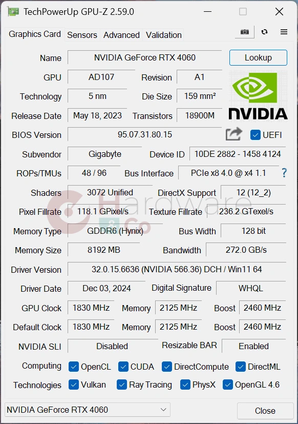 Gigabyte Rtx4060 D6 Gpuz