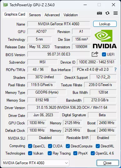 GPU-Z MSI RTX 4060 Ventus 2X OC