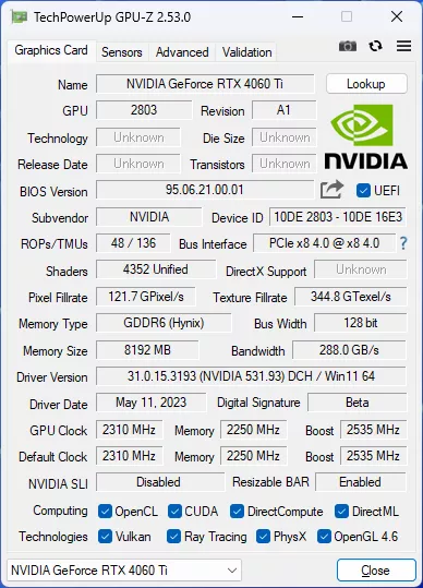 La GeForce RTX 4060 Ti FE vue par GPU-Z
