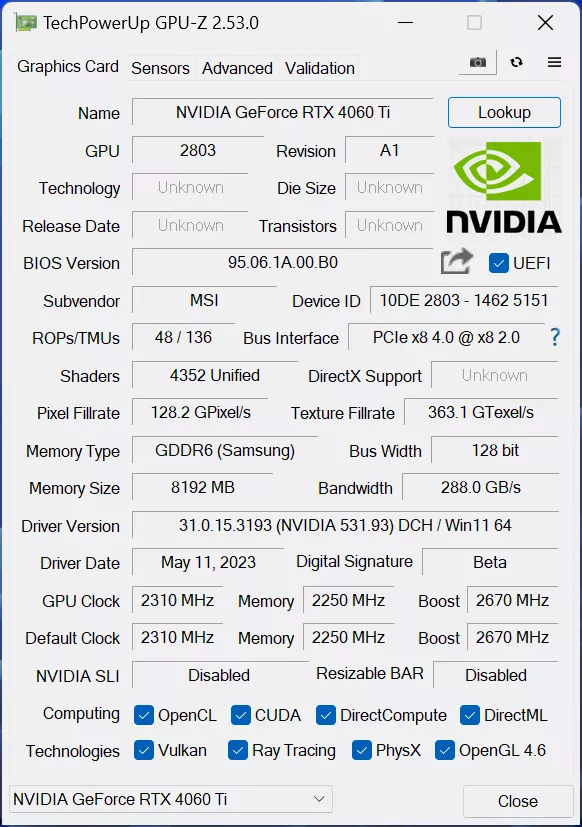 Msi Rtx 4060ti Gaming X Trio Gpuz