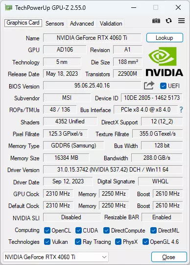 MSI RTX 4060 Ti Ventus 3X 16G OC : GPU-Z