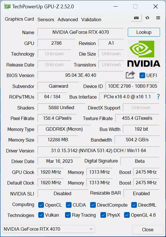 Gainward Rtx4070 Panther Gpuz