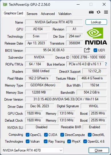 KFA2 RTX 4070 EX Gamer 1-Click OC : GPU-Z