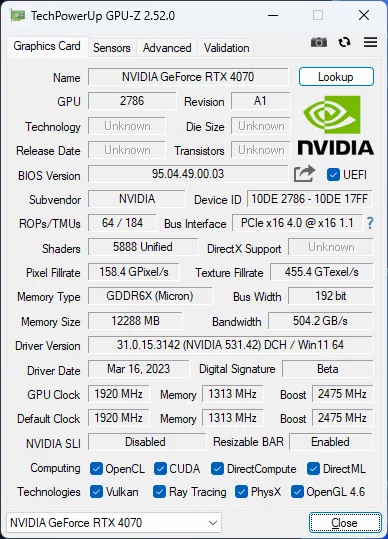 GPU-Z de la RTX 4070 FE