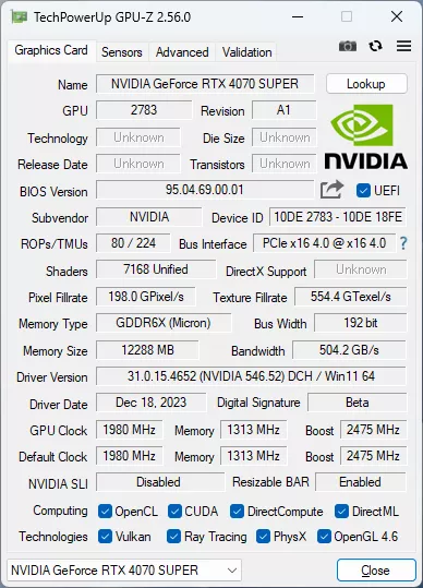 GPU-Z : Nvidia GeForce RTX 4070 SUPER Founders Edition