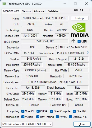 GPU-Z de la MSI RTX 4070 Ti SUPER Ventus 3X