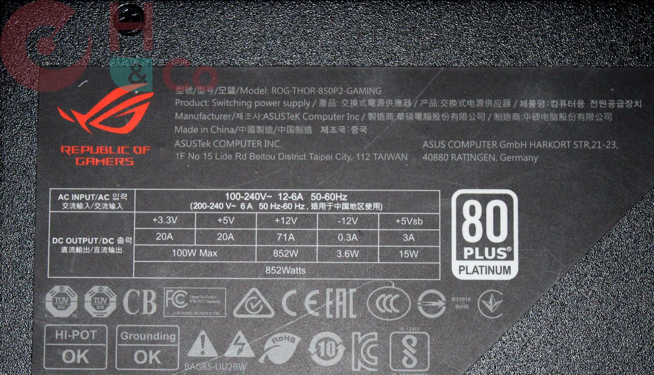 Asus Thor 850w Sticker Specs