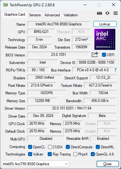 GPU-Z : Intel Arc B580 LE 