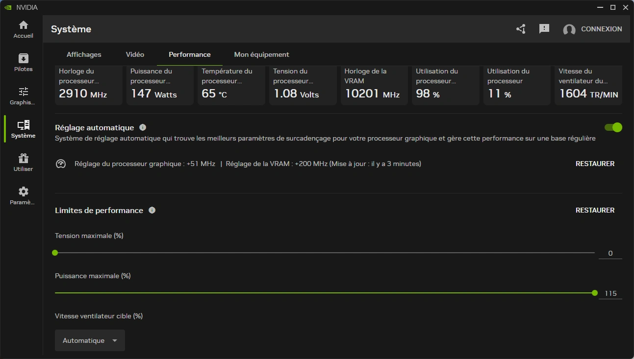 GPU-z de la Gigabyte RTX 5050 Gaming OC : overclocking automatique NVApp