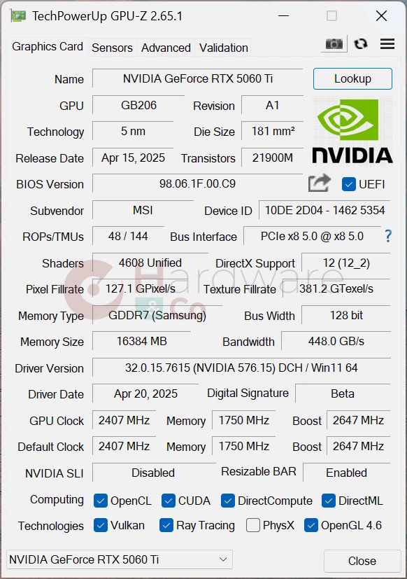 Msi Rtx5060ti 16g Gaming Oc Gpuz