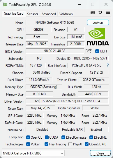 GPU-Z de la MSI RTX 5060 Shadow 2X : caractéristiques
