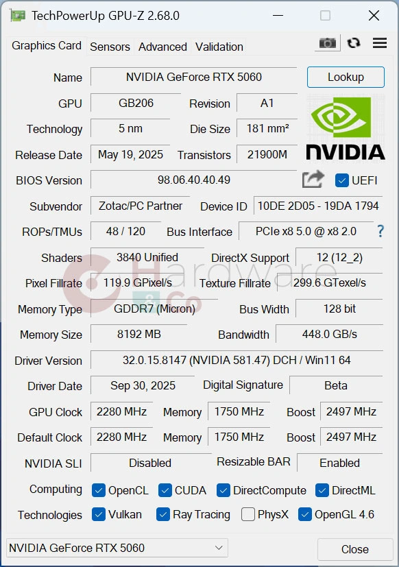 Zotac Rtx5060 Low Profile Gpuz