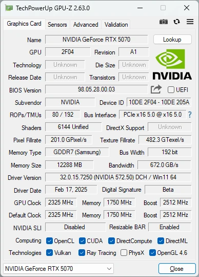 GeForce RTX 5070 Founders Edition : les caractéristiques via GPU-Z