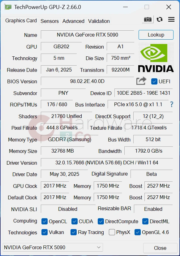 Pny Rtx5090 Triple Fan Oc Gpuz