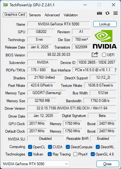 GPU-Z : Nvidia GeForce RTX 5090 FE : les caractéristiques