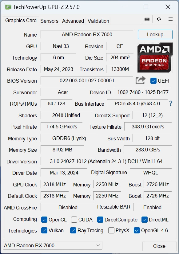 Acer Rx7600oc Bifrost Predator Gpuz