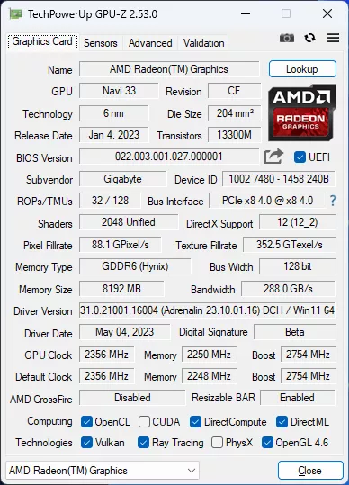 CPU-Z : La Gigabyte RX 7600 Gaming OC