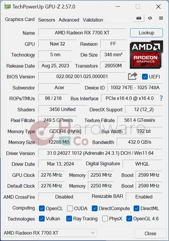 Acer Rx7700xt Oc Nitro Gpuz