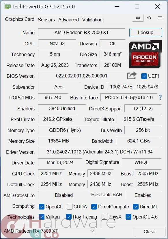 Acer Rx7800xt Oc Bifrost Predator Gpuz